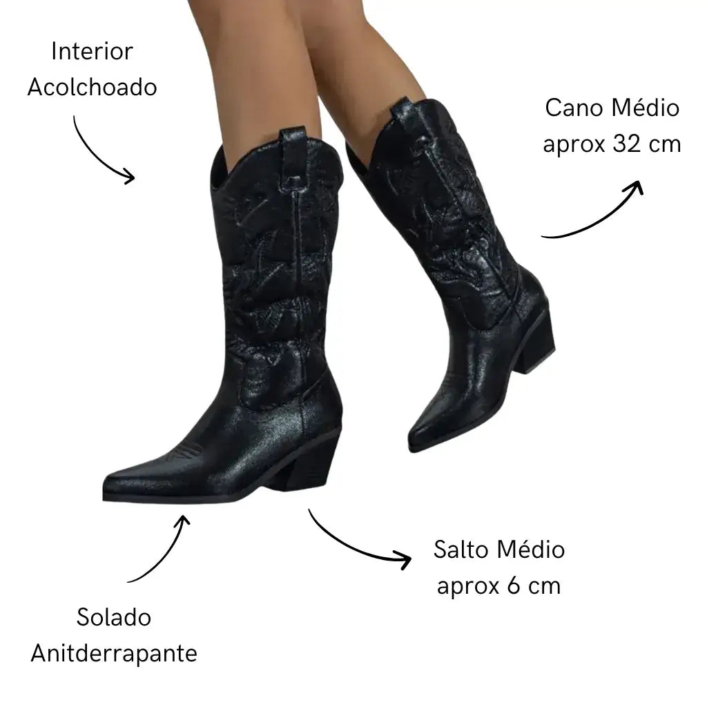 Bota Feminina Texana Preto Metálico Western