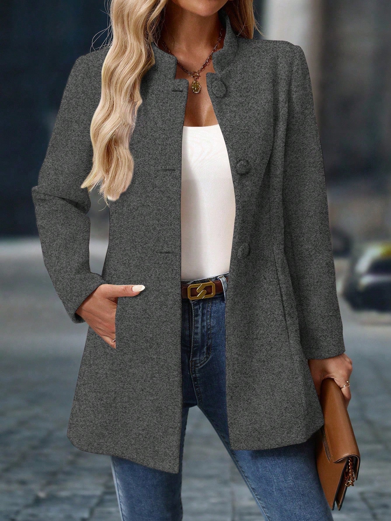 Casaco de Inverno Sobretudo Feminino Lã Batida Elegante