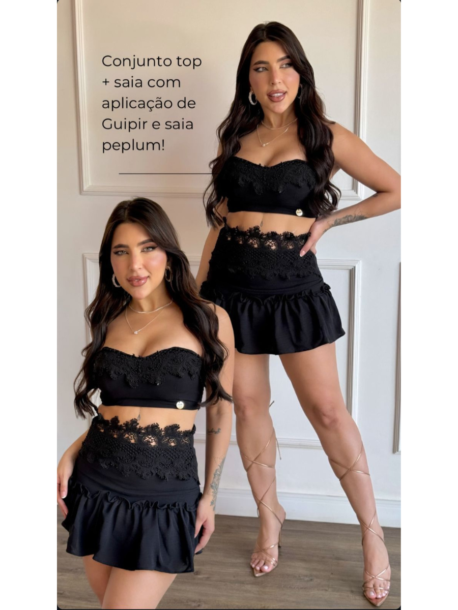 Conjunto Top e Saia Peplum Com Aplicação de Guipir - FULL