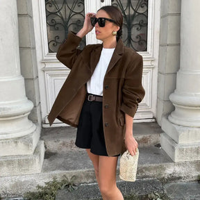 Blazer Feminino Alongado Camurça Marrom