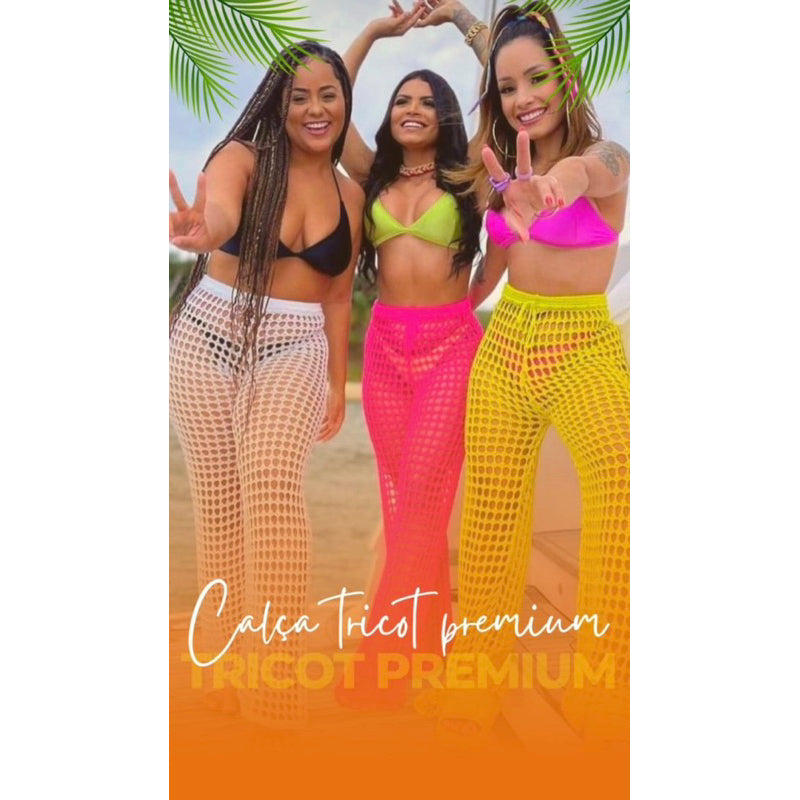 Calça Saída de Praia Tricot Linha Furadinha Rendada Tendencia Verão Praia