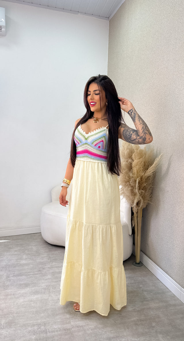 Vestido Longo Jade - Bege Com Pink