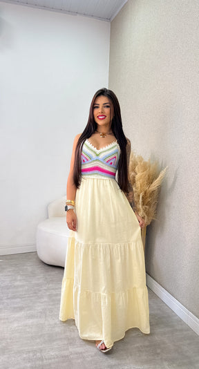 Vestido Longo Jade - Bege Com Pink