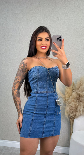 Vestido Jeans Com Strass - Micaelly