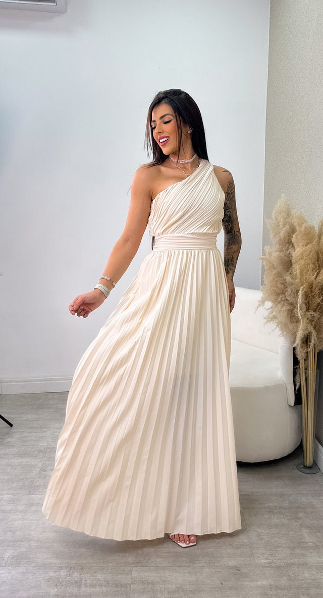 Vestido Longo Plissado Maira - Bege