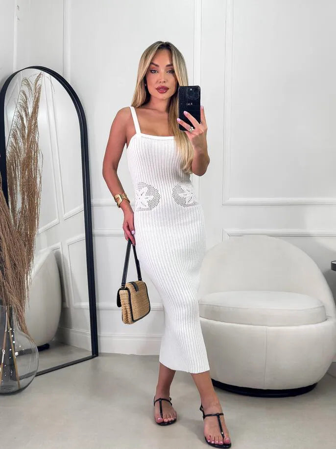 Vestido Midi Tricot Modal Canelado com Alças Estrela